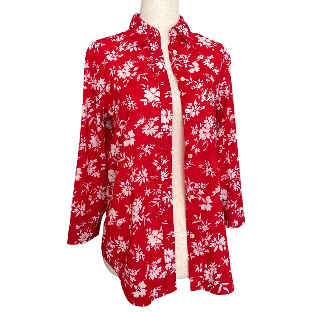 Lauren Ralph Lauren Casual 100% Cotton Floral 3/4 Sleeve Shirt - XS - Red, White